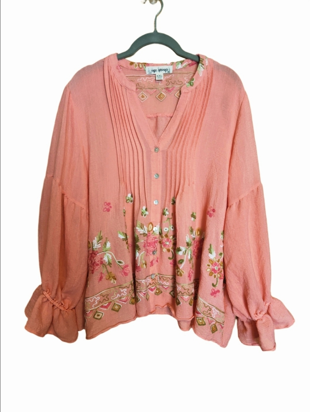 Hope Springs Coral Floral Embroidered Boho Cottagecore Peasant Blouse XXL